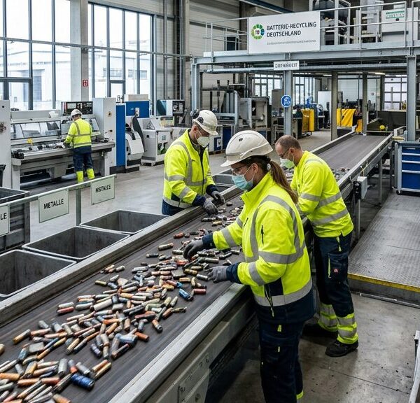Sortierband mit Altbatterien in einer deutschen Recyclinganlage für Lithium-Ionen-Batterien