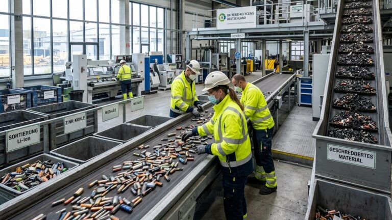 Sortierband mit Altbatterien in einer deutschen Recyclinganlage für Lithium-Ionen-Batterien