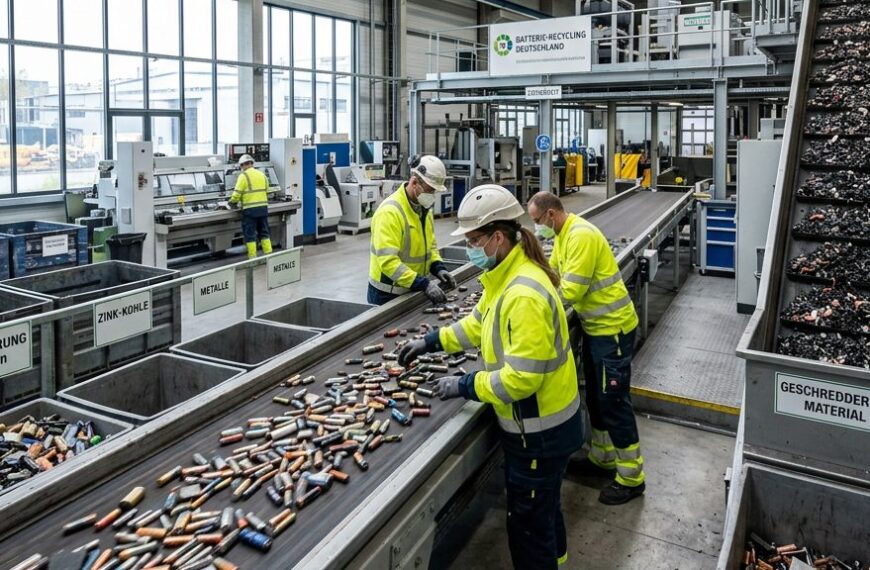Sortierband mit Altbatterien in einer deutschen Recyclinganlage für Lithium-Ionen-Batterien