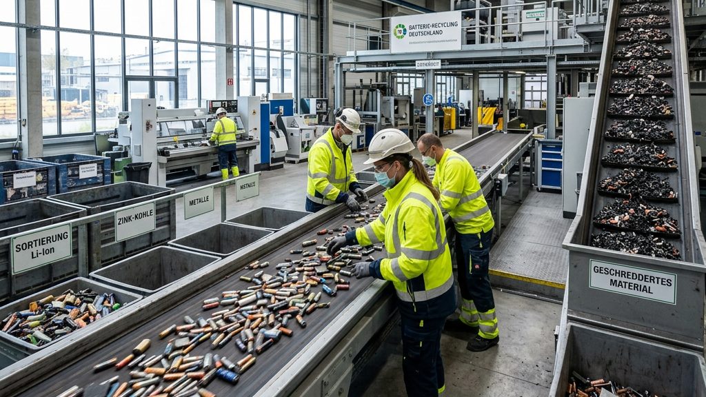 Sortierband mit Altbatterien in einer deutschen Recyclinganlage für Lithium-Ionen-Batterien