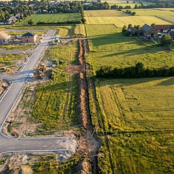 Luftaufnahme einer Baustelle am Ortsrand: Neu erschlossene Straßen und Bagger unmittelbar neben intakten grünen Feldern – Symbolbild für den Flächenverbrauch in Deutschland