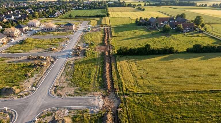 Luftaufnahme einer Baustelle am Ortsrand: Neu erschlossene Straßen und Bagger unmittelbar neben intakten grünen Feldern – Symbolbild für den Flächenverbrauch in Deutschland