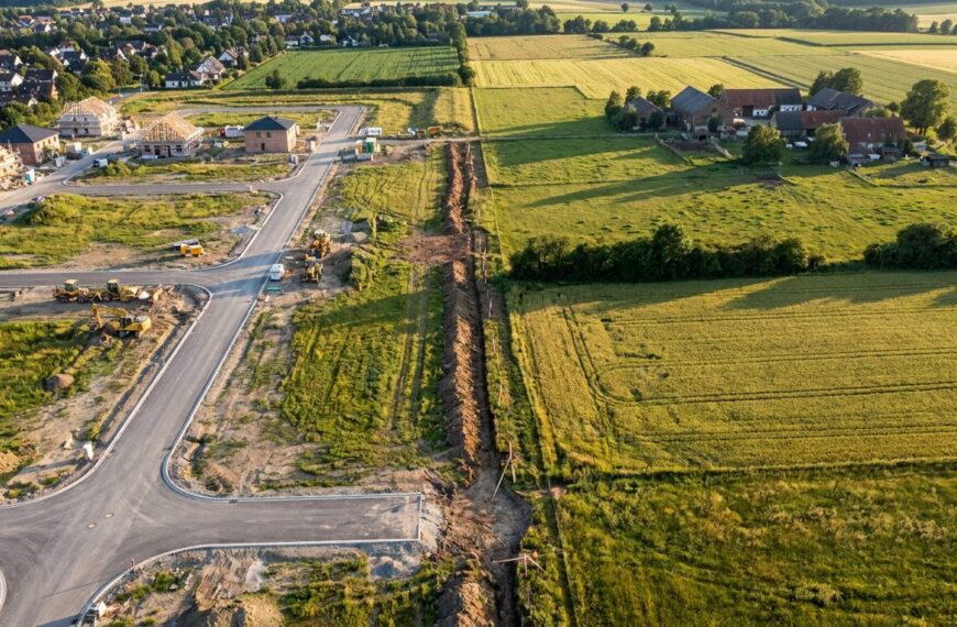 Luftaufnahme einer Baustelle am Ortsrand: Neu erschlossene Straßen und Bagger unmittelbar neben intakten grünen Feldern – Symbolbild für den Flächenverbrauch in Deutschland