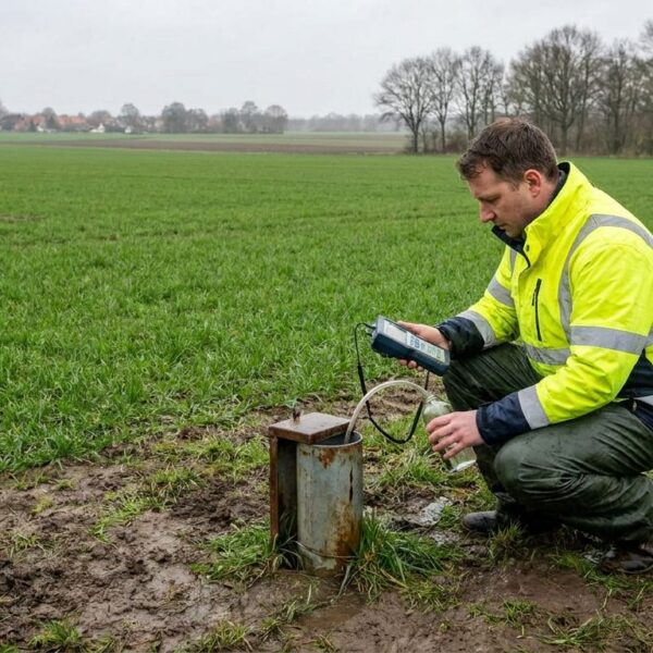 Technikerin entnimmt Wasserprobe an einer Grundwassermessstelle am Rand eines Ackers