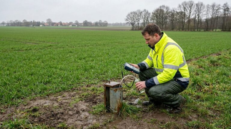 Technikerin entnimmt Wasserprobe an einer Grundwassermessstelle am Rand eines Ackers