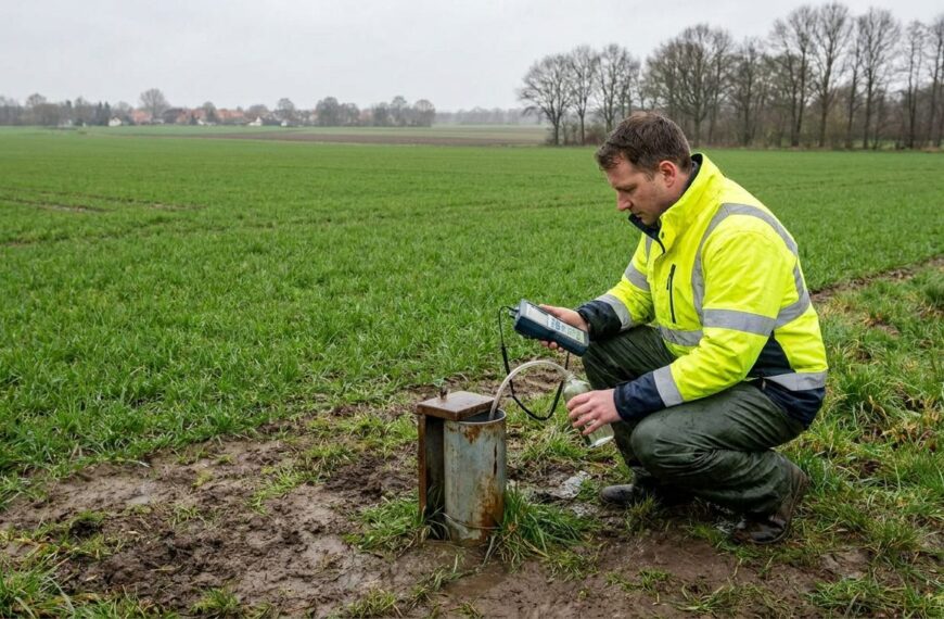 Technikerin entnimmt Wasserprobe an einer Grundwassermessstelle am Rand eines Ackers