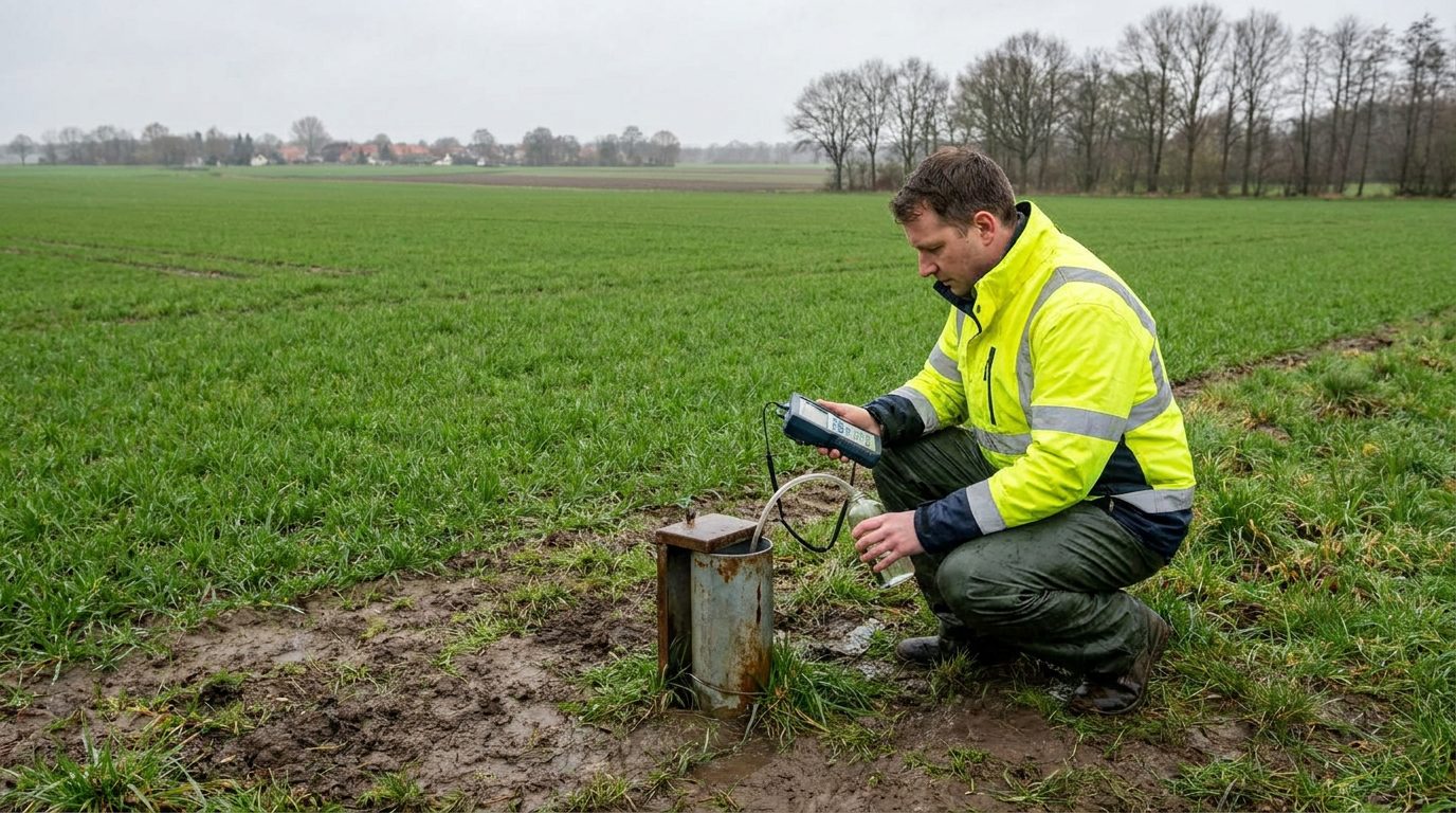 Technikerin entnimmt Wasserprobe an einer Grundwassermessstelle am Rand eines Ackers