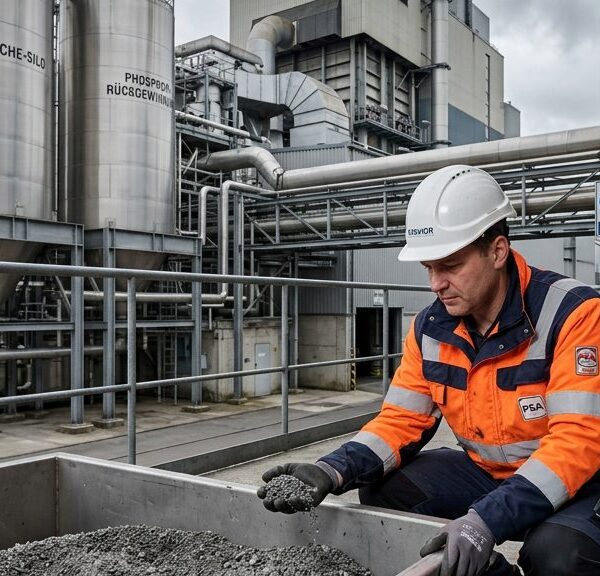 Klärschlamm-Recyclinganlage: Techniker kontrolliert Phosphor-Granulat aus Verbrennungsasche