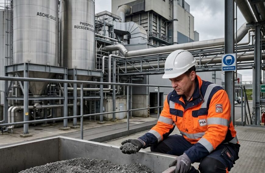 Klärschlamm-Recyclinganlage: Techniker kontrolliert Phosphor-Granulat aus Verbrennungsasche