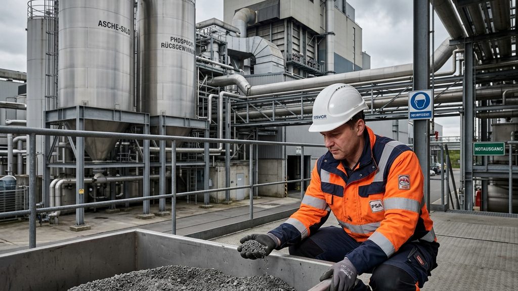 Klärschlamm-Recyclinganlage: Techniker kontrolliert Phosphor-Granulat aus Verbrennungsasche