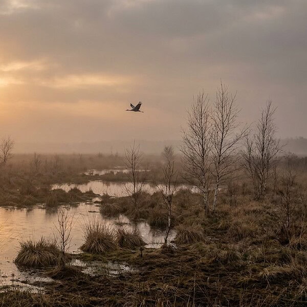 Wiedervernässtes Moor in Deutschland bei Sonnenaufgang: flaches Wasser zwischen Graspollen und jungen Birken, ein Kranich fliegt vorbei