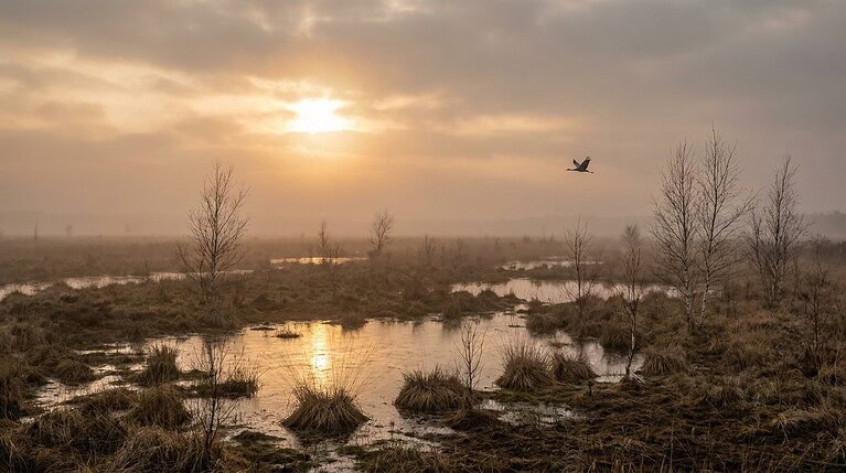 Wiedervernässtes Moor in Deutschland bei Sonnenaufgang: flaches Wasser zwischen Graspollen und jungen Birken, ein Kranich fliegt vorbei