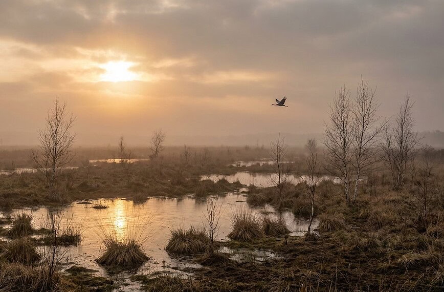 Wiedervernässtes Moor in Deutschland bei Sonnenaufgang: flaches Wasser zwischen Graspollen und jungen Birken, ein Kranich fliegt vorbei