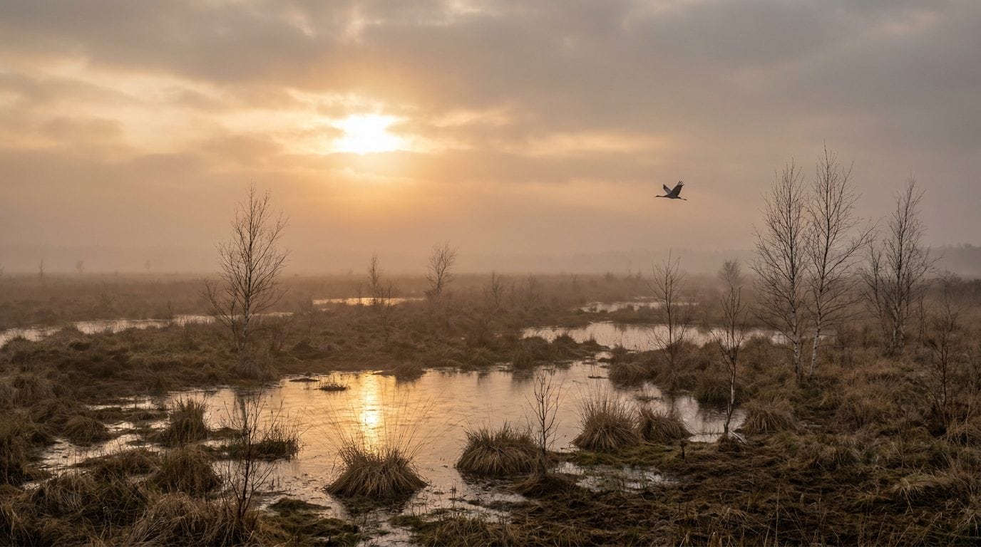 Wiedervernässtes Moor in Deutschland bei Sonnenaufgang: flaches Wasser zwischen Graspollen und jungen Birken, ein Kranich fliegt vorbei