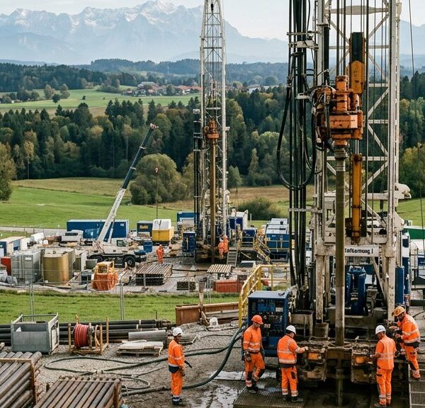Bohrplatz einer tiefengeothermischen Anlage mit zwei Bohrtürmen in Oberbayern