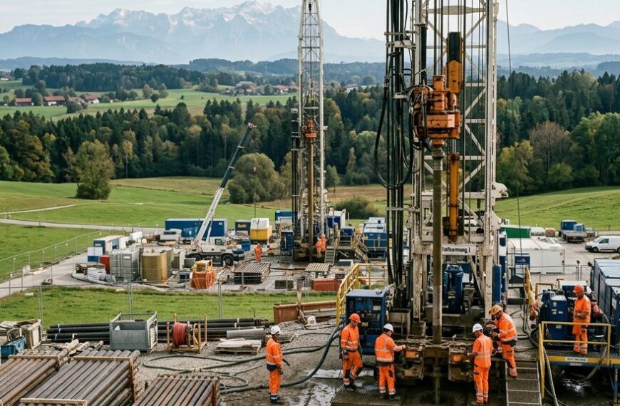 Bohrplatz einer tiefengeothermischen Anlage mit zwei Bohrtürmen in Oberbayern