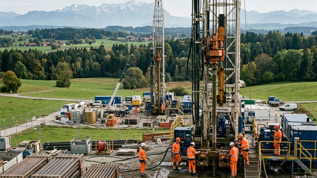 Bohrplatz einer tiefengeothermischen Anlage mit zwei Bohrtürmen in Oberbayern