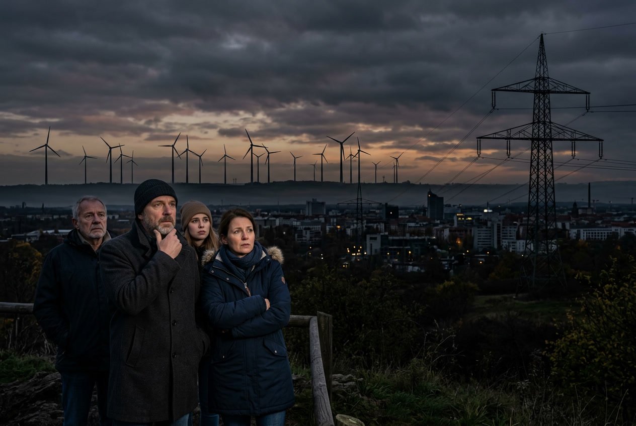 Dunkle Stadtlandschaft bei Dämmerung mit Windrädern im Hintergrund und besorgten Menschen im Vordergrund.