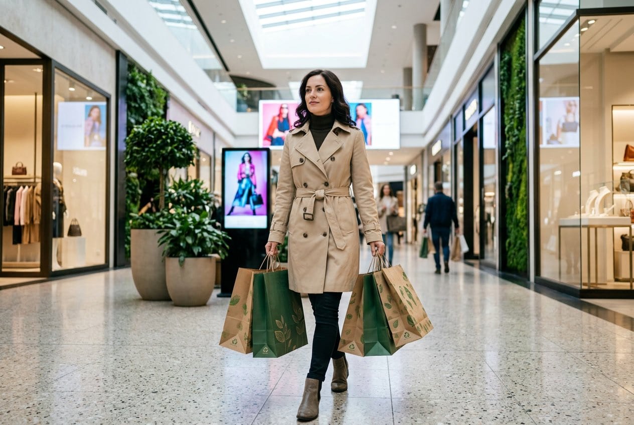 Eine Person mit mehreren Einkaufstaschen aus umweltfreundlichem Material geht durch eine moderne Einkaufsstraße mit grünen Pflanzen und luxuriösen Geschäften im Hintergrund.