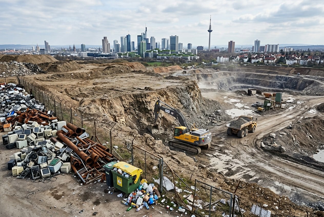 Industrielle Bergbaustätte mit schwerem Gerät und Elektroschrott, im Hintergrund eine deutsche Stadt mit modernen Gebäuden.