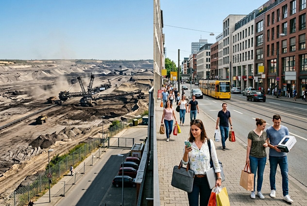 Eine Stadt in Deutschland mit Menschen beim Einkaufen im Vordergrund und im Hintergrund eine große Bergbau- oder Abholzungsstelle mit schwerem Gerät und zerstörter Landschaft.