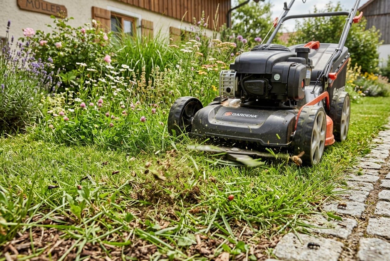 Ein Rasenmäher schneidet einen Vorgarten mit grünem Rasen, während kleine Insekten und Pflanzen im Gras sichtbar sind.