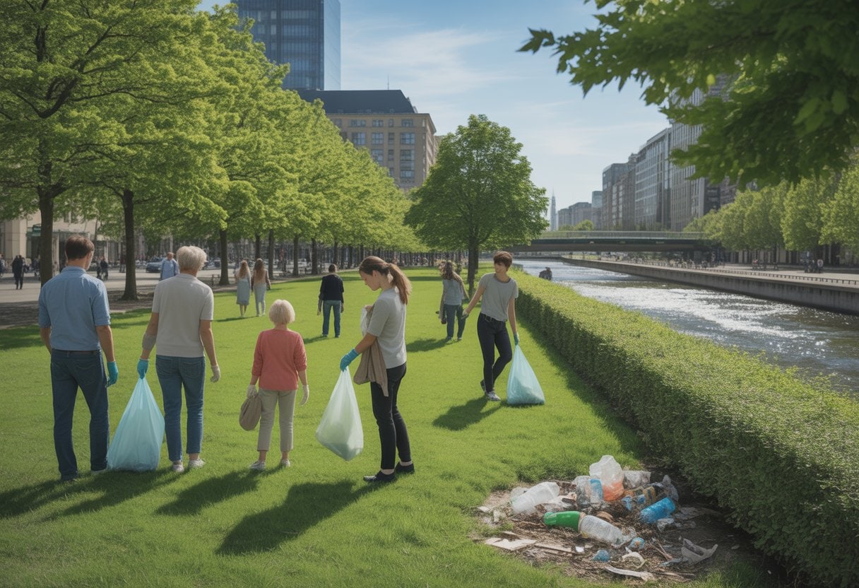 Menschen in einem sauberen Stadtpark mit Bäumen, Gras und einem klaren Fluss, einige sammeln Müll auf, im Hintergrund sind saubere Gebäude zu sehen.