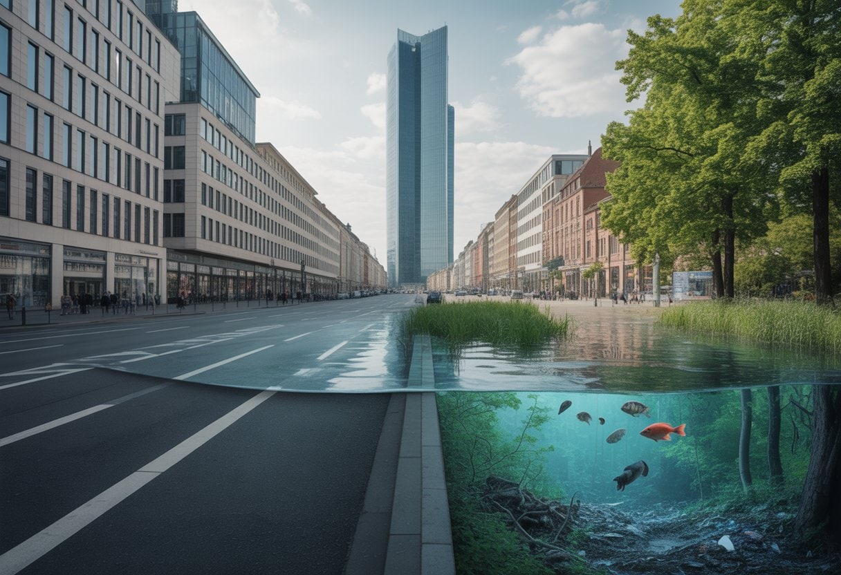 Saubere deutsche Innenstadt mit ordentlichen Straßen und im Hintergrund eine natürliche Landschaft, die von verstecktem Müll und Umweltverschmutzung betroffen ist.