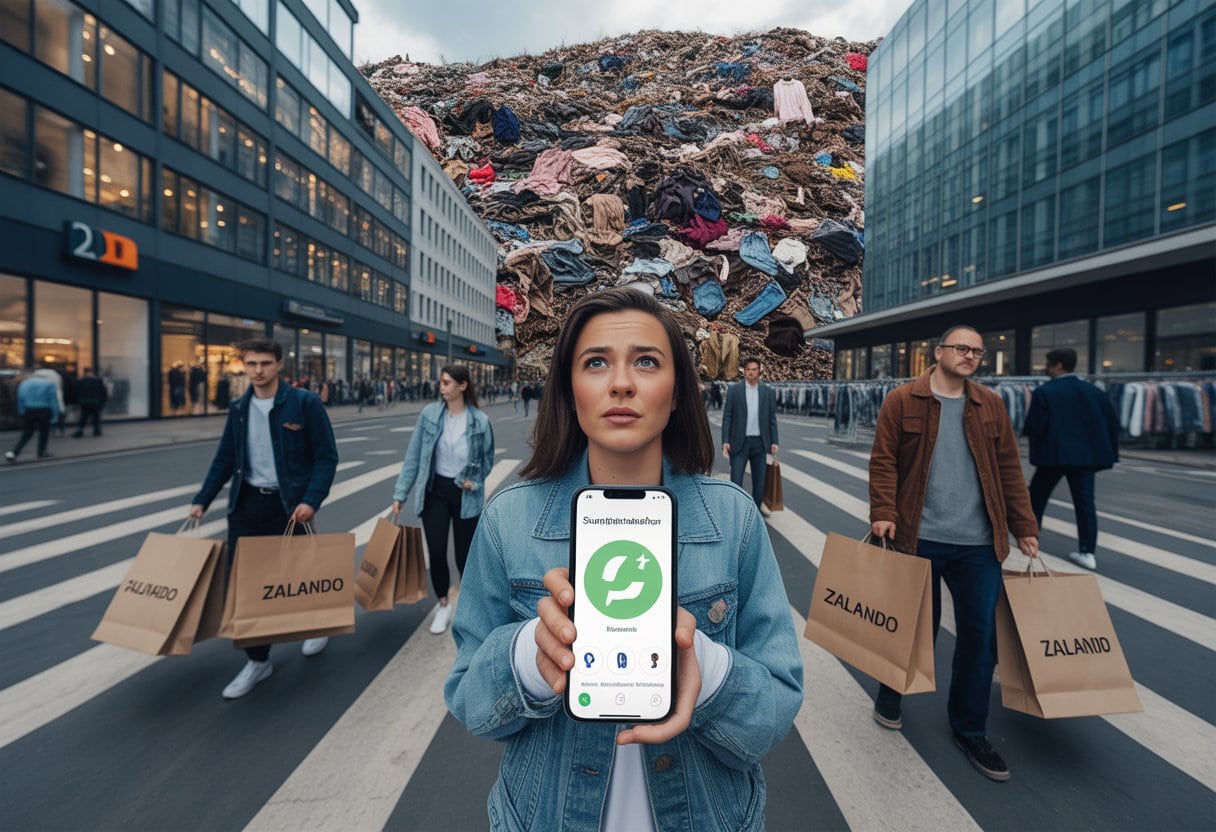 Menschen mit Einkaufstüten in einer Stadt, im Hintergrund ein großer Müllberg mit weggeworfener Kleidung, eine Person schaut besorgt auf ihr Smartphone.
