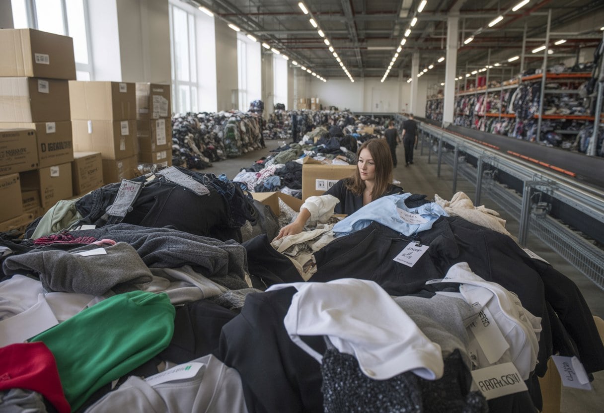 Lagerhalle mit vielen zurückgegebenen Kleidungsstücken und Arbeitern, die Kleidung sortieren.