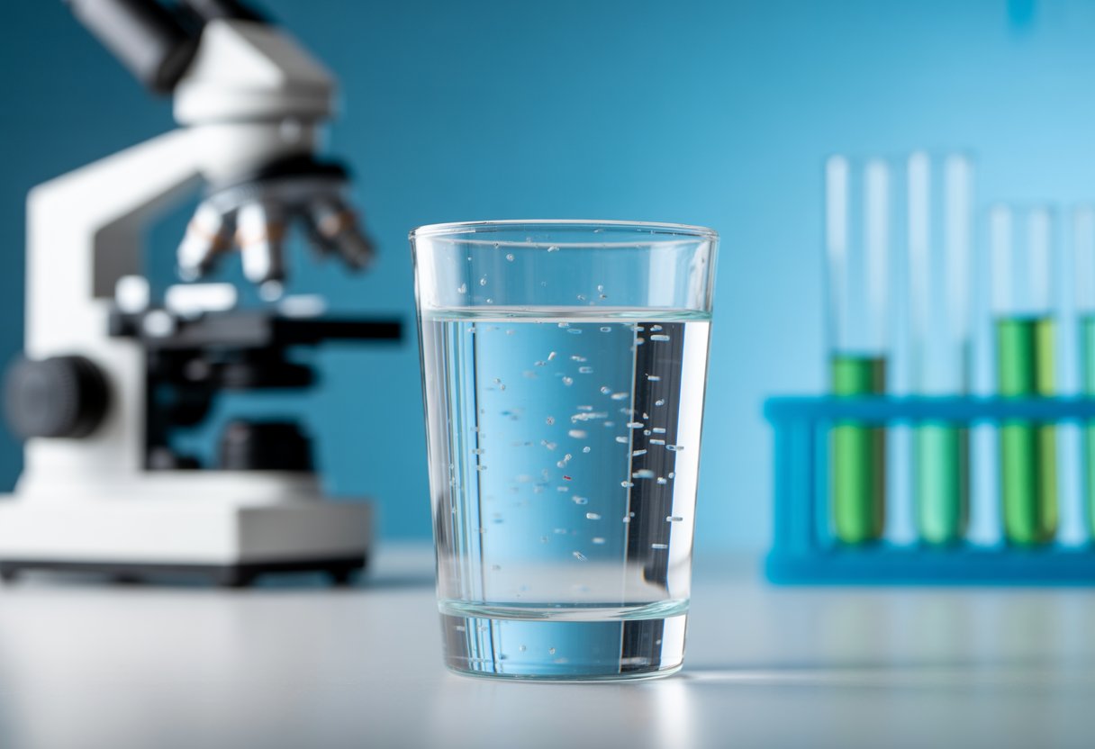 Ein Glas mit Trinkwasser, in dem kleine Mikroplastikpartikel sichtbar sind, vor einem unscharfen Laborhintergrund mit wissenschaftlichen Geräten.