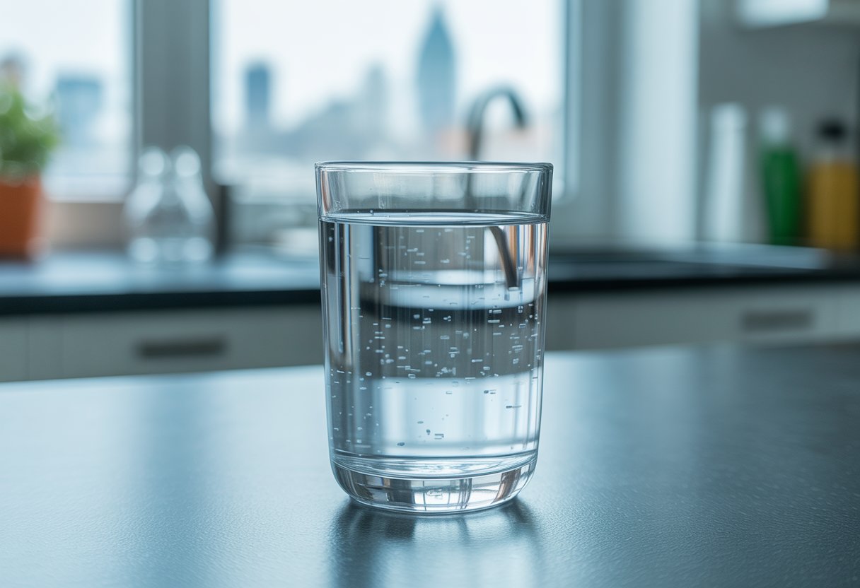Ein Glas klares Wasser mit winzigen Partikeln darin, im Hintergrund unscharfe städtische oder Laborumgebung.