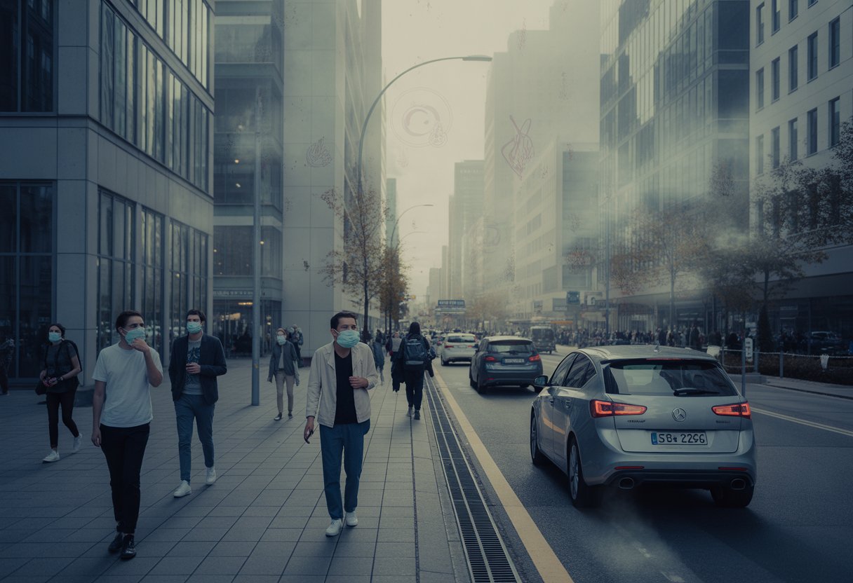 Menschen mit Schutzmasken gehen in einer deutschen Stadt durch eine von Luftverschmutzung und Smog belastete Straße.