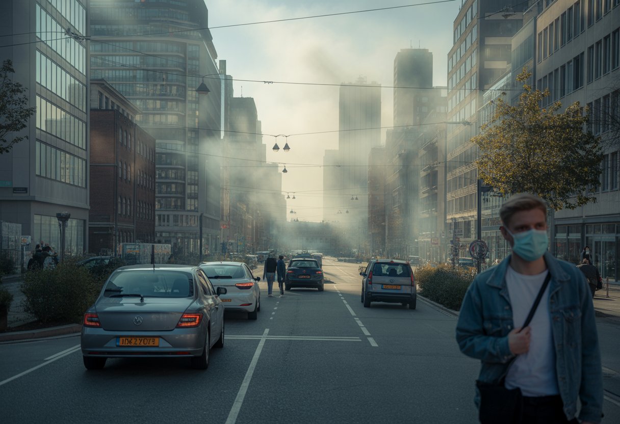 Eine belebte deutsche Stadtstraße mit Autos, Gebäuden, Smog am Himmel und Menschen mit Schutzmasken.