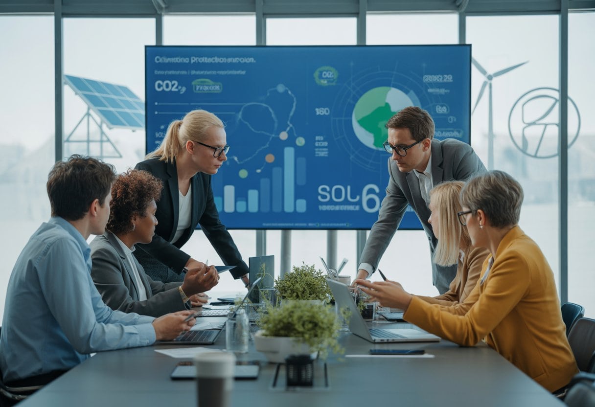Eine Gruppe von Fachleuten diskutiert in einem modernen Besprechungsraum über Klimaschutzmaßnahmen mit einem Bildschirm im Hintergrund, der Umweltdaten zeigt.
