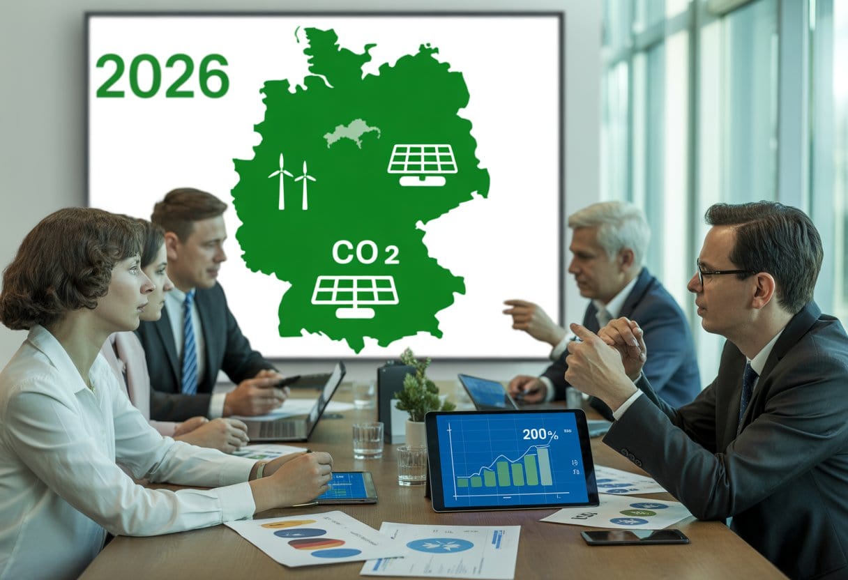 Mehrere Personen diskutieren konzentriert in einem modernen Büro über Klimaschutzmaßnahmen mit Diagrammen und einer Deutschlandkarte im Hintergrund.