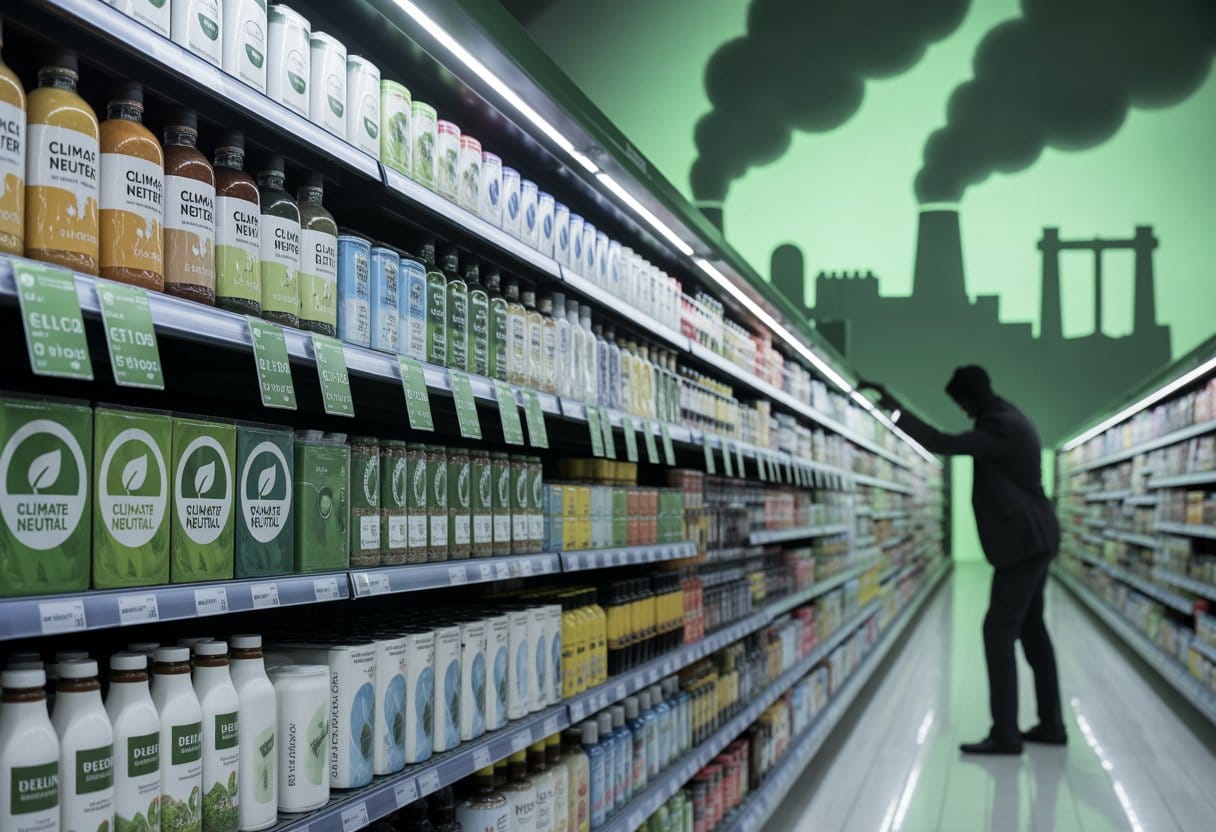 Nahaufnahme von deutschen Produkten im Supermarkt mit grünen Umweltzeichen, im Hintergrund raucht eine Fabrik und eine Person ändert verdeckt Etiketten.
