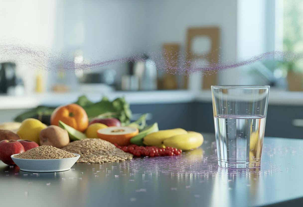 Nahaufnahme von Lebensmitteln, einem Glas Wasser und Luft mit winzigen Mikroplastikpartikeln, die zeigen, wie Mikroplastik in Essen, Wasser und Luft gelangt.