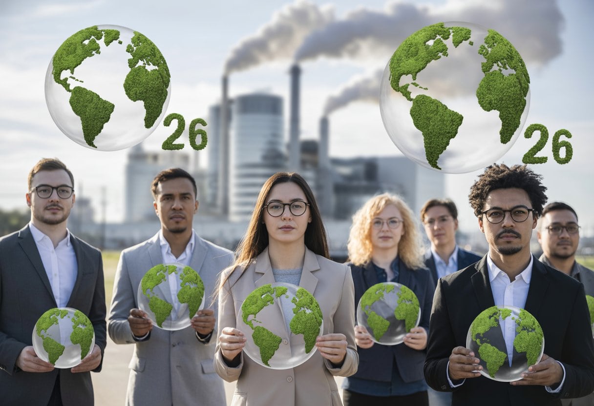 Menschen halten transparente Kugeln mit grünen Blättern vor einer Industrieanlage, die Rauch abgibt.