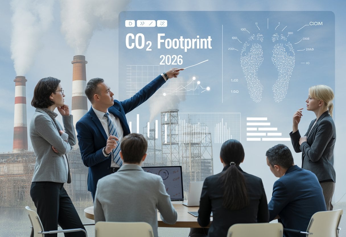 Menschen diskutieren in einem modernen Büro vor einem Bildschirm mit Daten und einem CO₂-Fußabdruck, im Hintergrund sind Fabriken mit Rauchschwaden zu sehen.