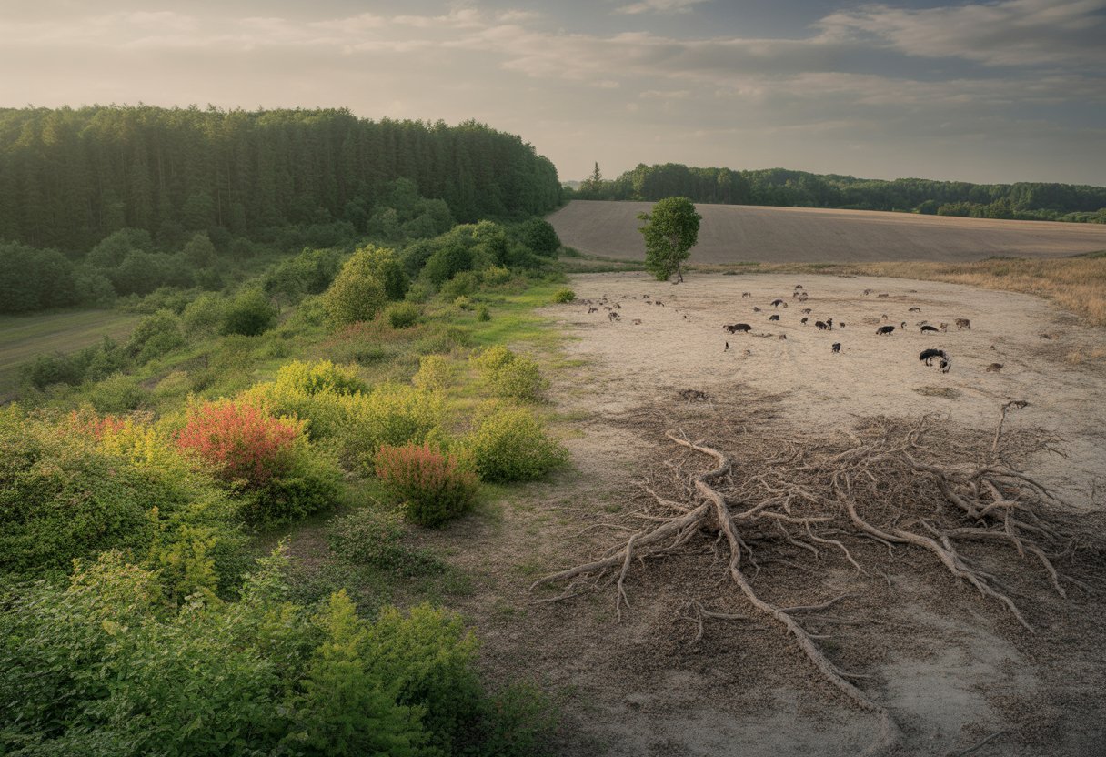 Eine Landschaft mit einem gesunden Wald voller Tiere und Pflanzen neben einem trockenen, kahlen Gebiet mit wenigen Pflanzen.