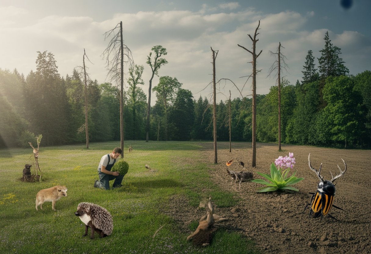 Eine Landschaft mit Wald und Wiese, teils gesund, teils beschädigt, ein Landwirt betrachtet besorgt eine Pflanze, Tiere und Pflanzen sind sichtbar, die Artensterben symbolisieren.