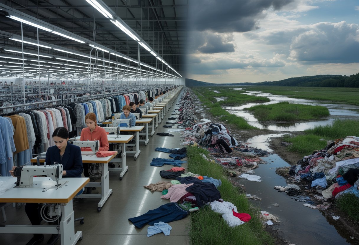 Eine Bekleidungsfabrik mit Arbeitern und Nähmaschinen neben einer verschmutzten Landschaft mit Kleidungsmüll und Umweltverschmutzung.