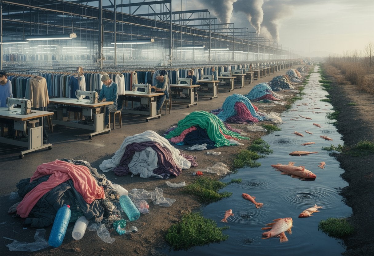 Eine Textilfabrik mit Arbeitern, umgeben von Müll und verschmutztem Fluss, der ökologische Schäden durch Fast Fashion zeigt.