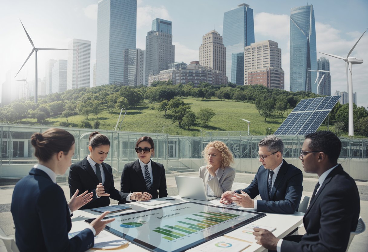 Geschäftsleute diskutieren in einer modernen Stadt mit grünen Flächen und erneuerbaren Energieanlagen im Hintergrund.