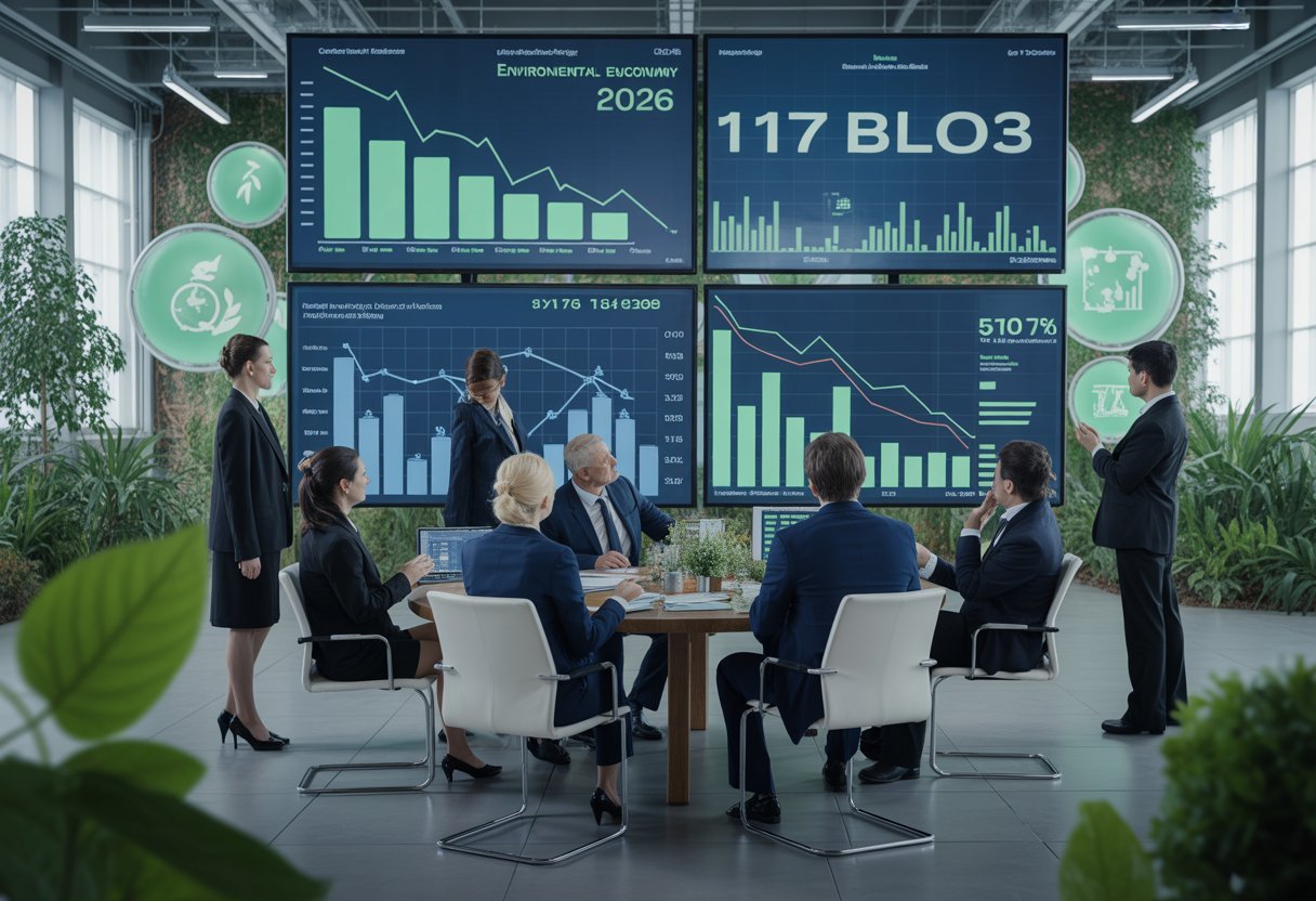 Geschäftsleute analysieren Finanzdaten in einem modernen Büro mit Pflanzen und Symbolen für Umweltwirtschaft.