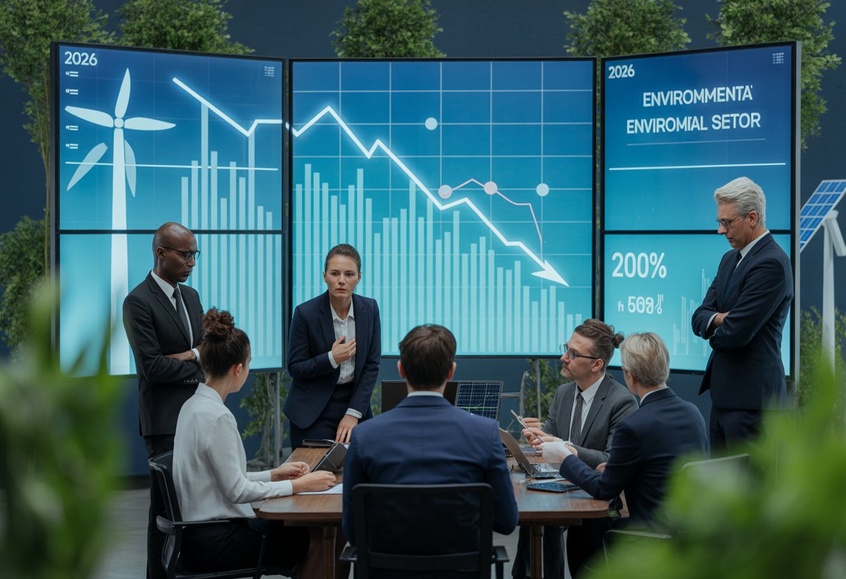 Geschäftsleute analysieren Finanzdiagramme mit abnehmenden Zahlen in einem Büro mit umweltbezogenen Symbolen im Hintergrund.