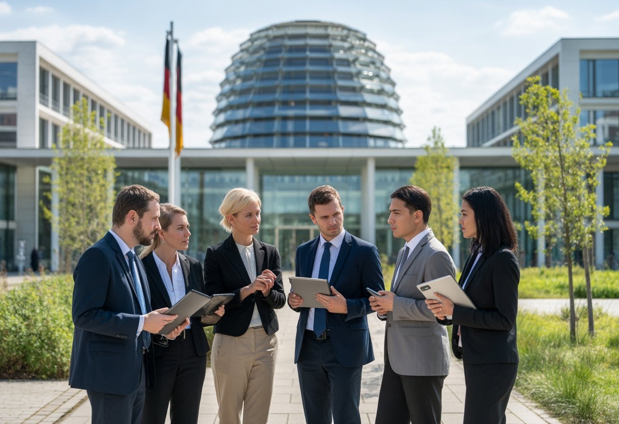 Eine Gruppe von Fachleuten diskutiert vor einem modernen Regierungsgebäude mit Bäumen im Hintergrund.