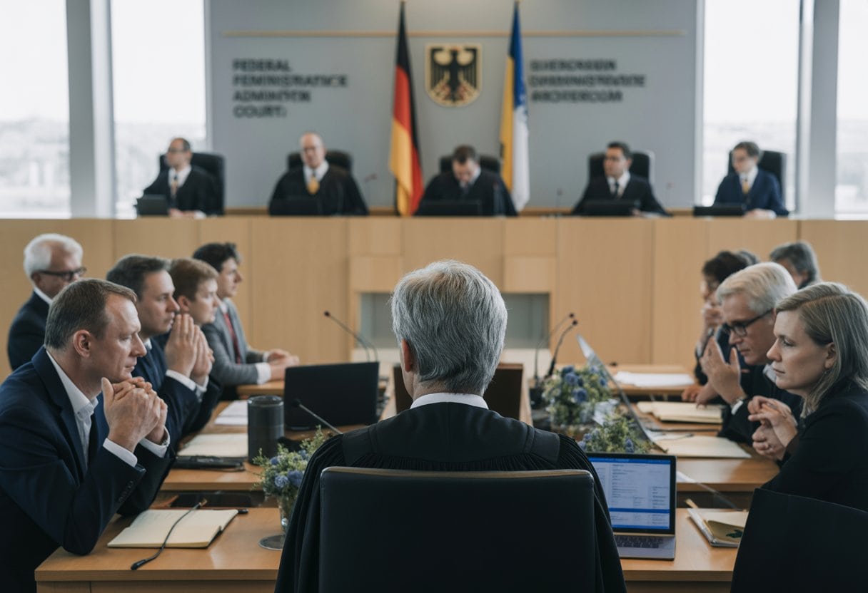 Ein Gerichtssaal mit Richtern und Personen, die eine Diskussion führen, umgeben von deutschen Flaggen, symbolisiert eine wichtige Gerichtsentscheidung zum Klimaschutz.