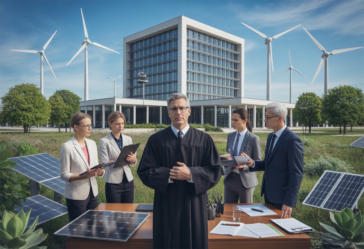 Menschen in formeller Kleidung diskutieren vor einem modernen Regierungsgebäude mit Windrädern und Solarpaneelen im Hintergrund.